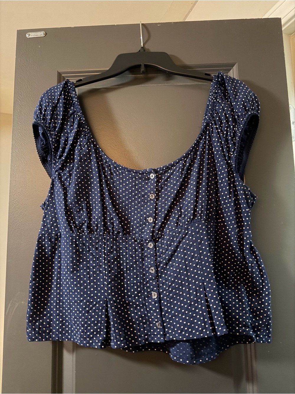 American Eagle Outfitters Navy Polka Dot Button-Front Peplum Top